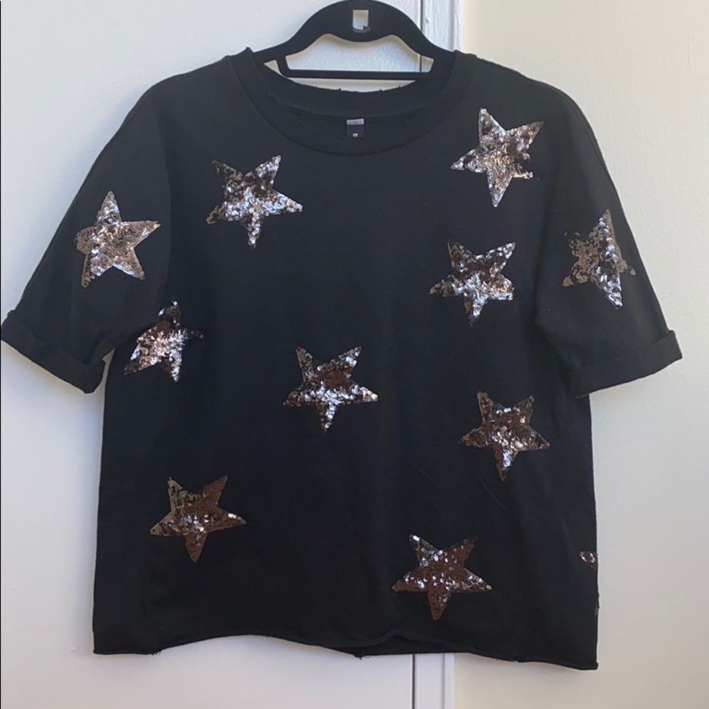 Black Cotton Tshirt w/ Black Sequin Stars